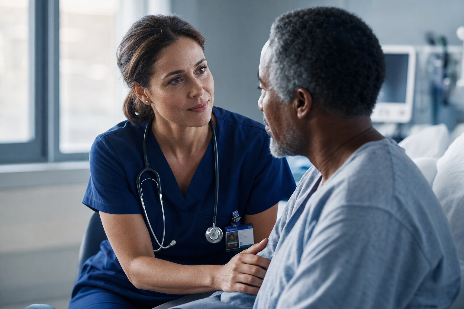 A clinician seated at eye level, fully present and listening to a patient